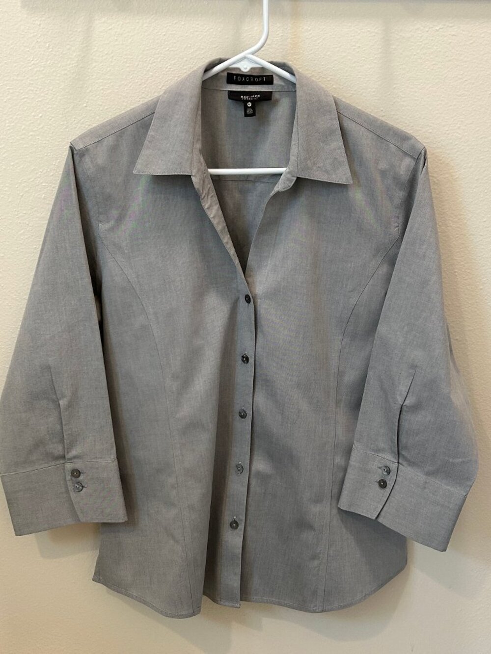EUC Foxcroft Non-Iron, Fitted Fit, Charcoal Gray, 100% Cotton Blouse, Size 16P